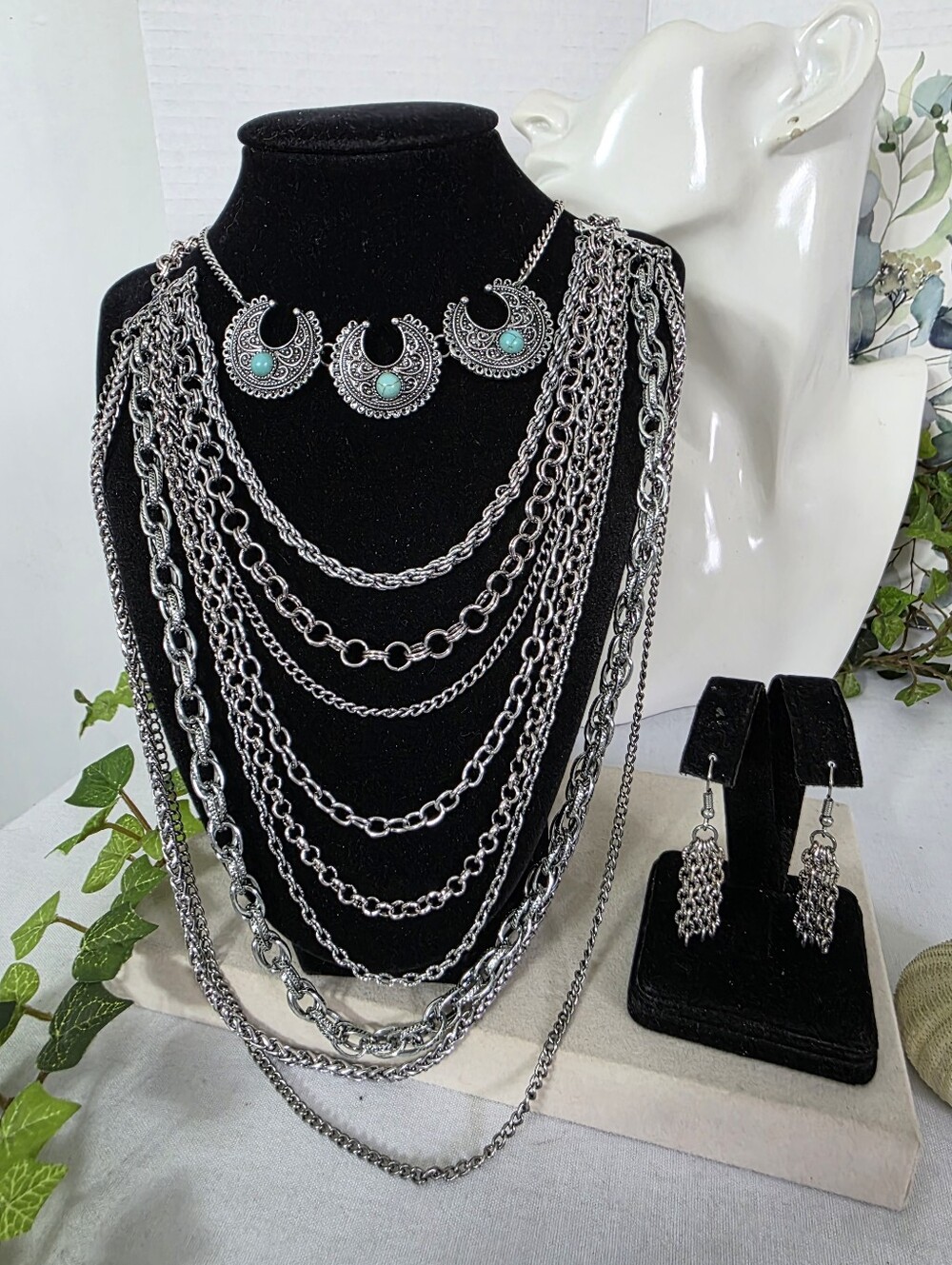 Boho Statement Silver Double Necklace Earrings Set Choker with Multichain